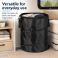 Black folding organizer bucket with side carry handles holding folded linens
