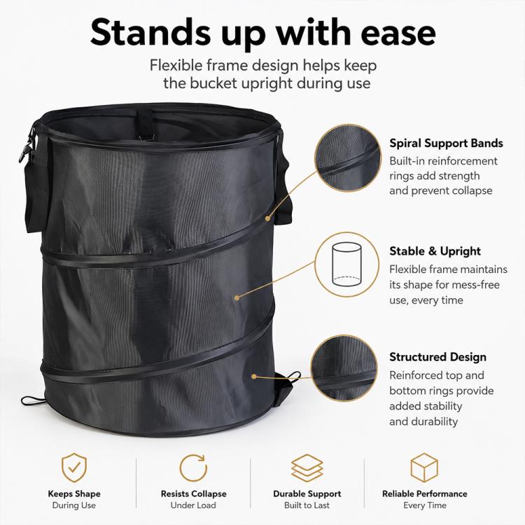Black folding bucket with structured frame for upright use and spiral support bands