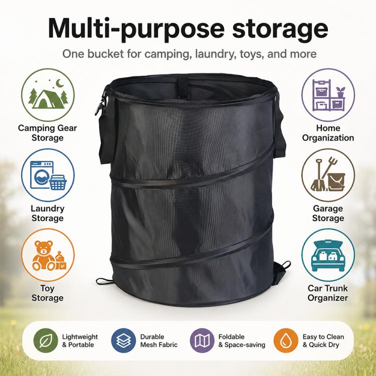 Black multipurpose folding storage bucket with top opening and side carry handles
