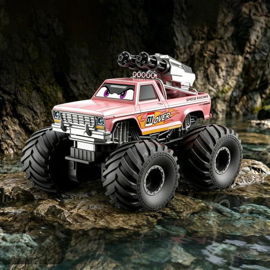 Pink 4WD RC monster truck with water cannon and oversized off-road tires