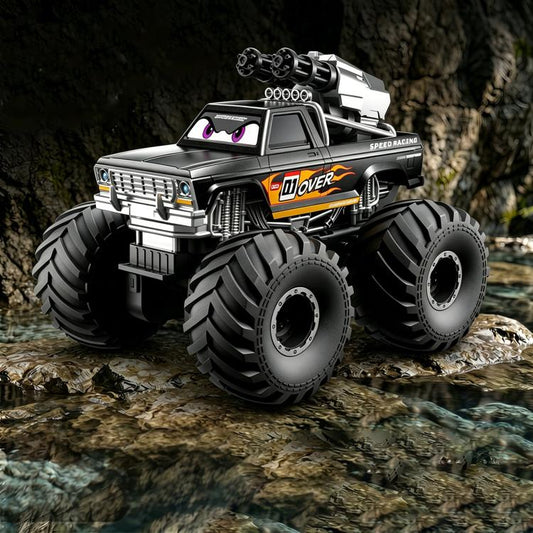 Black 4WD RC monster truck with water cannon and large tread off-road tires