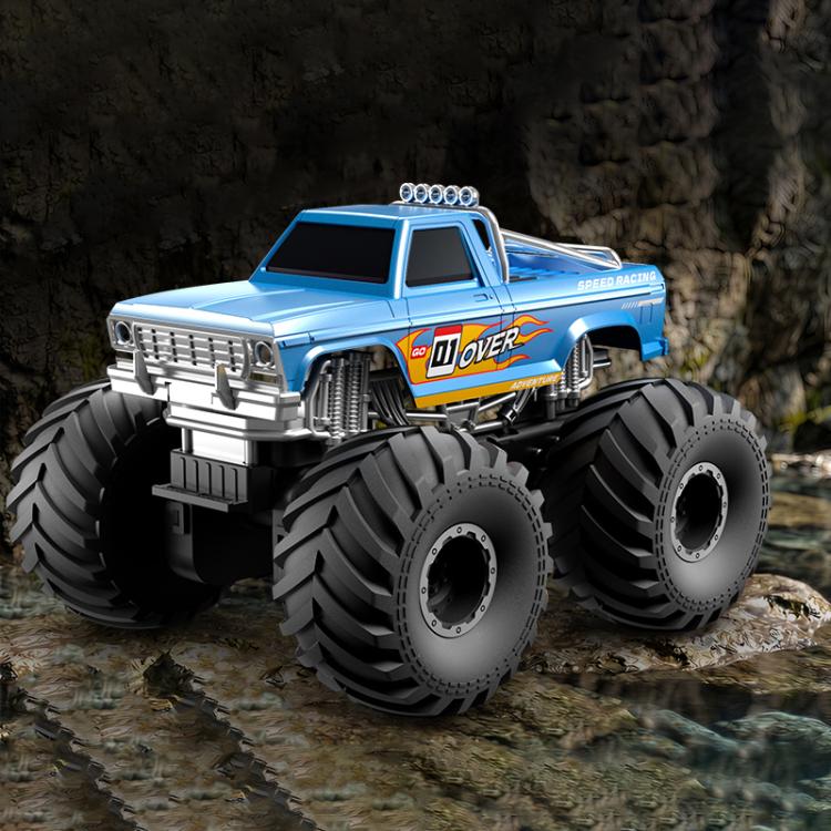 Blue amphibious 4WD RC monster truck with oversized tires and front bumper detail.
