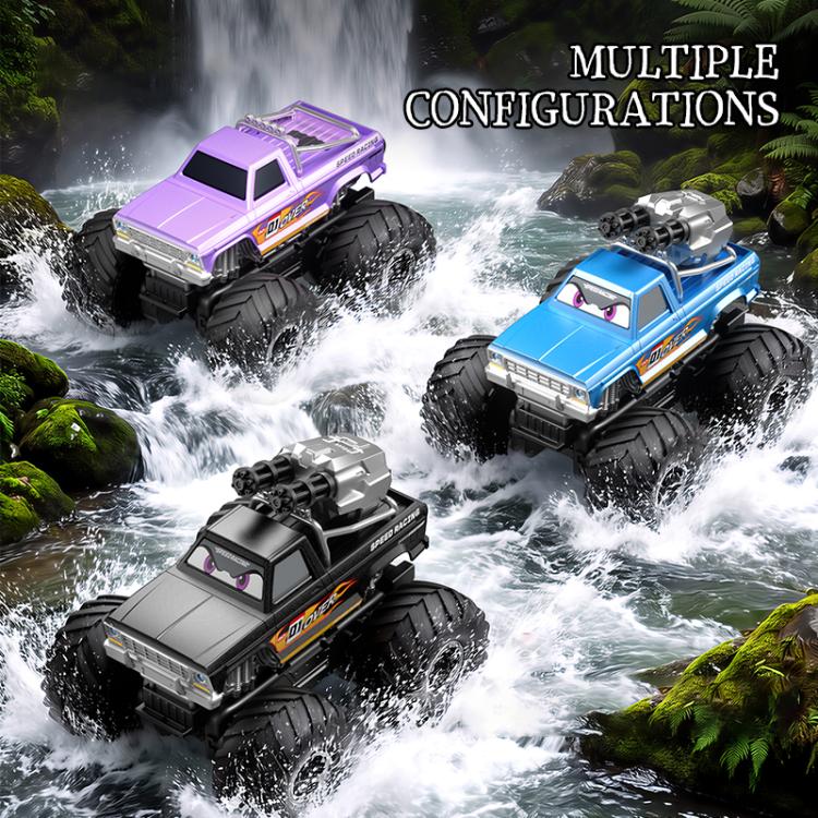 Amphibious RC monster truck set showing purple and blue trucks splashing with parts.