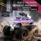 Purple amphibious 4WD RC monster truck driving through water with front suspension detail.