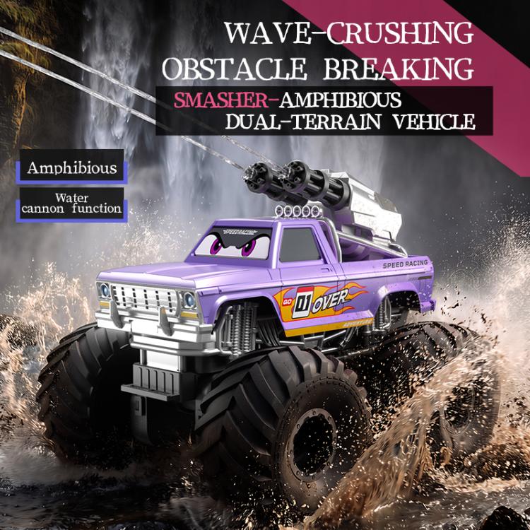 Purple amphibious 4WD RC monster truck driving through water with front suspension detail.