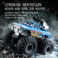 Blue amphibious 4WD RC monster truck splashing through water with rugged tread tires.