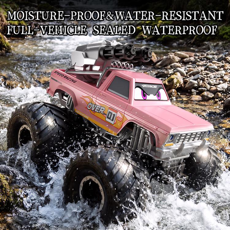 Pink amphibious 4WD RC monster truck climbing rocky water with big tread tires.