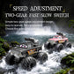 Amphibious RC monster truck and controller modules with two-gear speed adjustment style.
