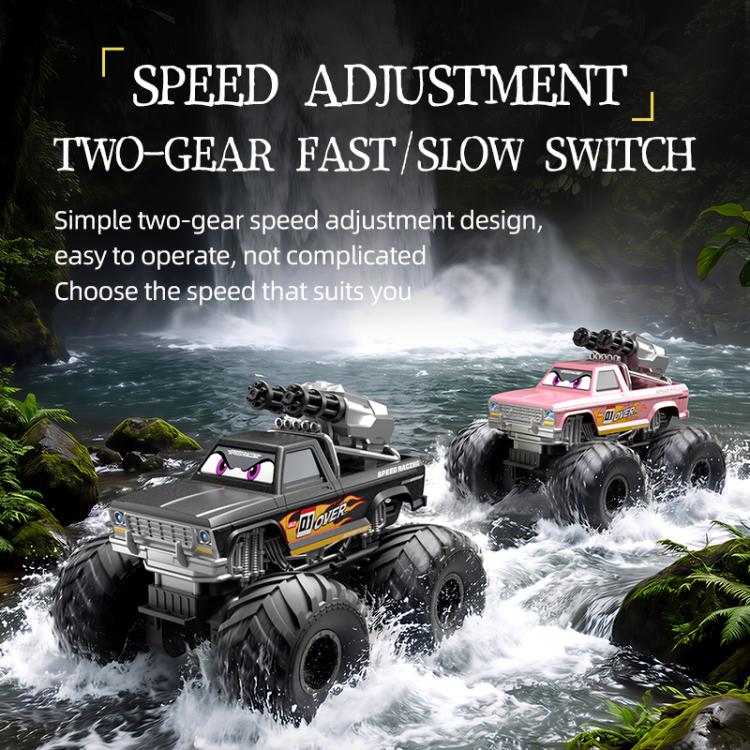 Amphibious RC monster truck and controller modules with two-gear speed adjustment style.