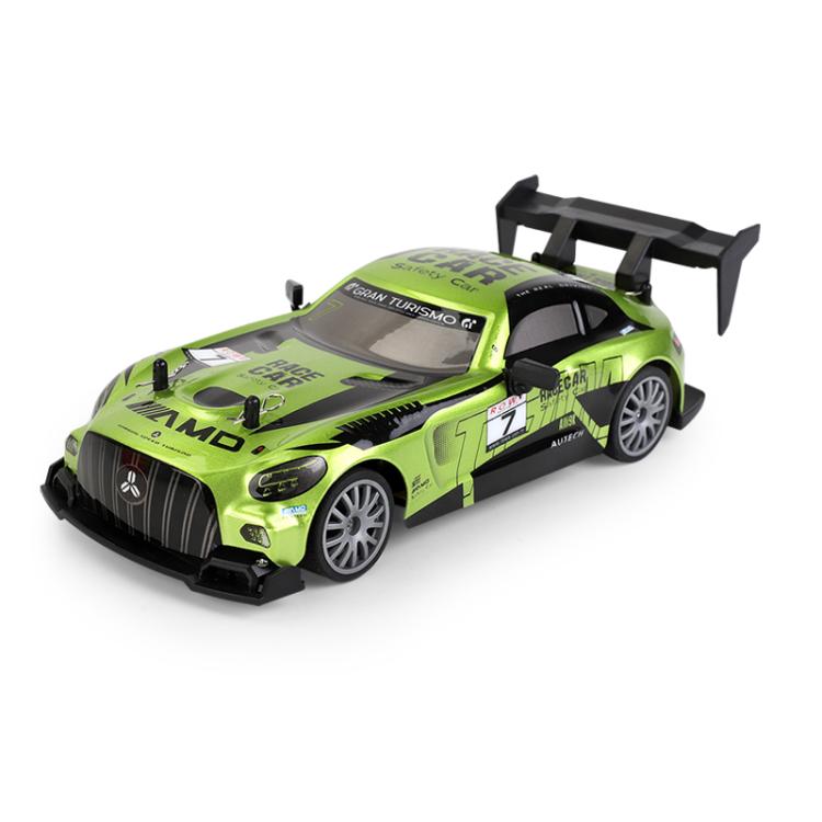 Green remote control drift car with rear spoiler and black wheels