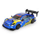 Blue remote control drift car with rear spoiler and yellow accents