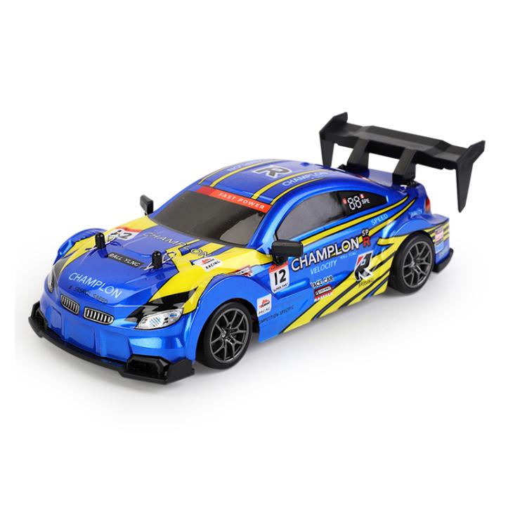 Blue remote control drift car with rear spoiler and yellow accents