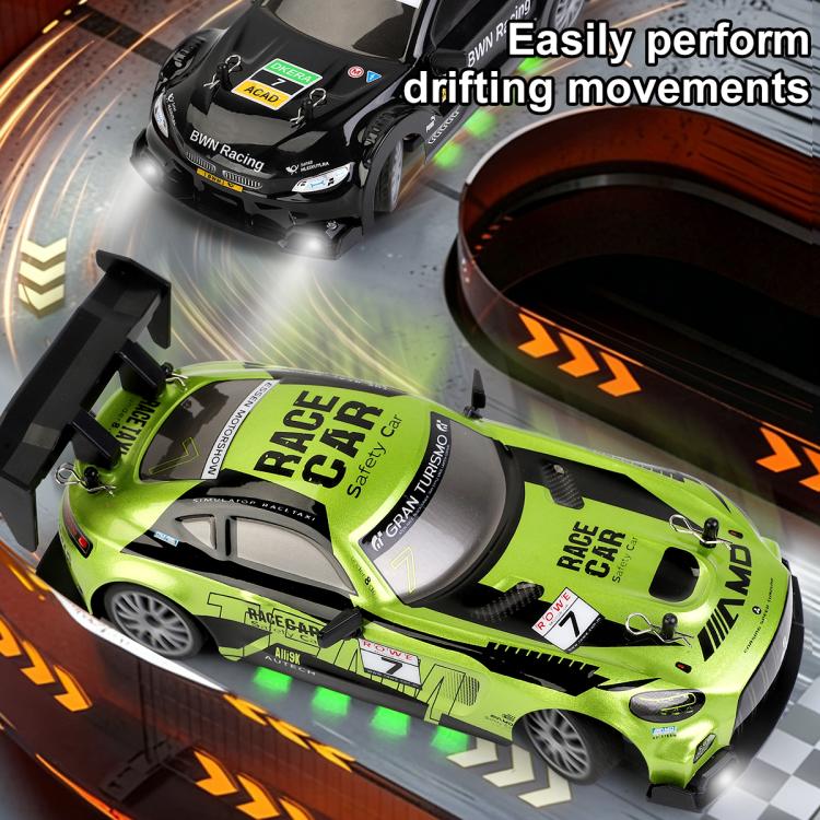 Lime green remote control drift car with rear spoiler and race graphics