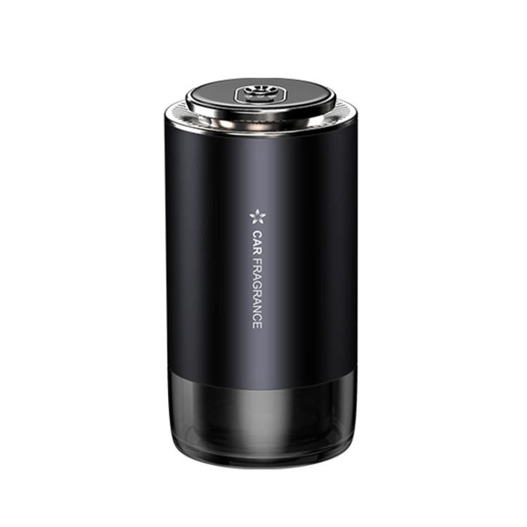 Black car aroma diffuser cylinder with silver lid and top vent, standalone view