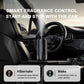 Black car aroma diffuser on dashboard with mist rising in the vehicle interior