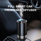 Car aroma diffuser standing in car interior near seat, with mist visible