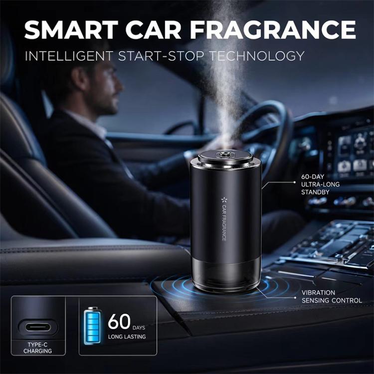 Car aroma diffuser on console area with mist output in the vehicle