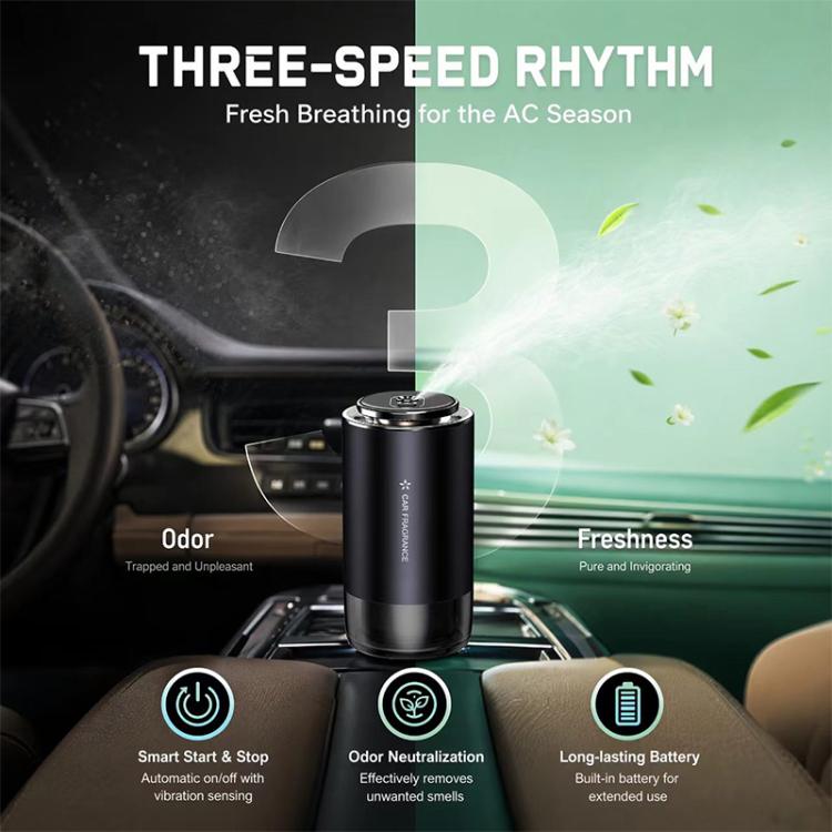 Car aroma diffuser with green freshness effect graphics and mist release