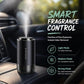 Car aroma diffuser on dashboard with smart fragrance mode icons and mist