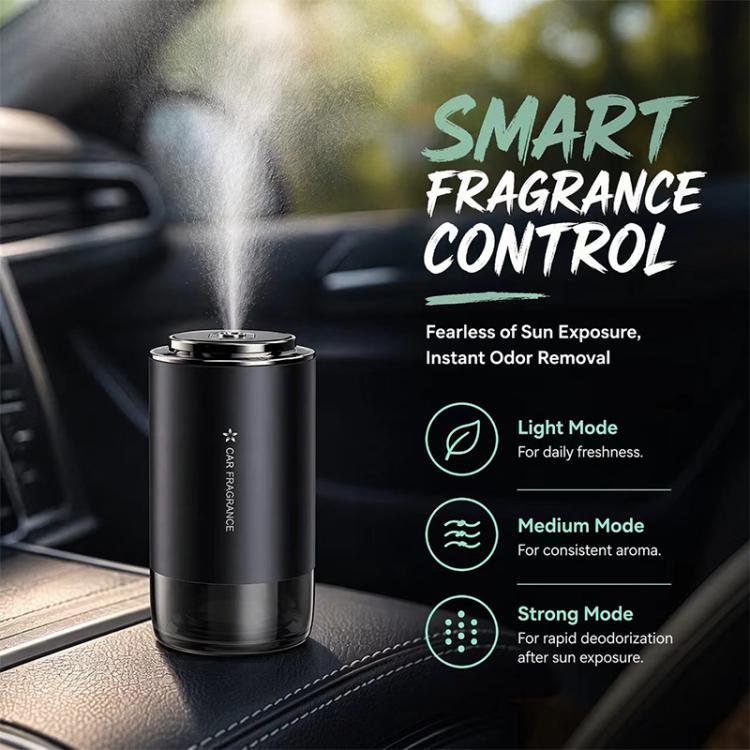 Car aroma diffuser on dashboard with smart fragrance mode icons and mist