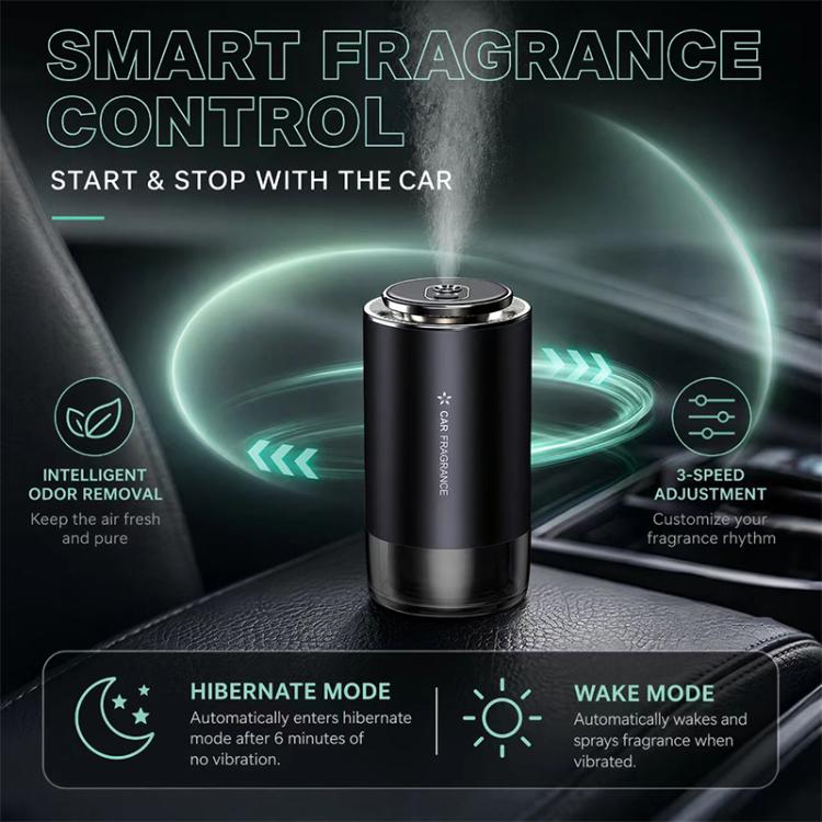 Black car aroma diffuser on seat with green light ring and mode icons