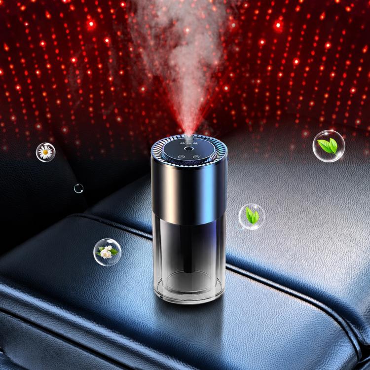 Car aroma diffuser in stainless steel cup-style body with top control panel