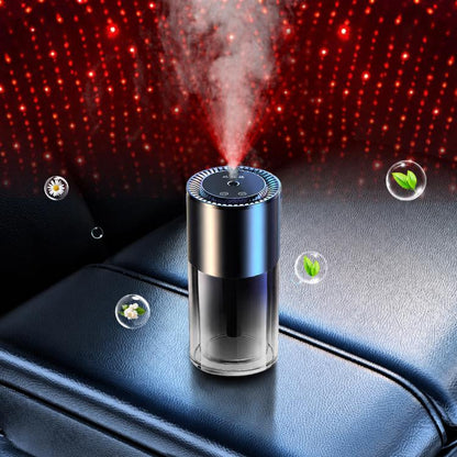 Car aroma diffuser in stainless steel cup-style body with top control panel