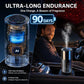 Car aroma diffuser with clear glass reservoir and mist plume from top nozzle