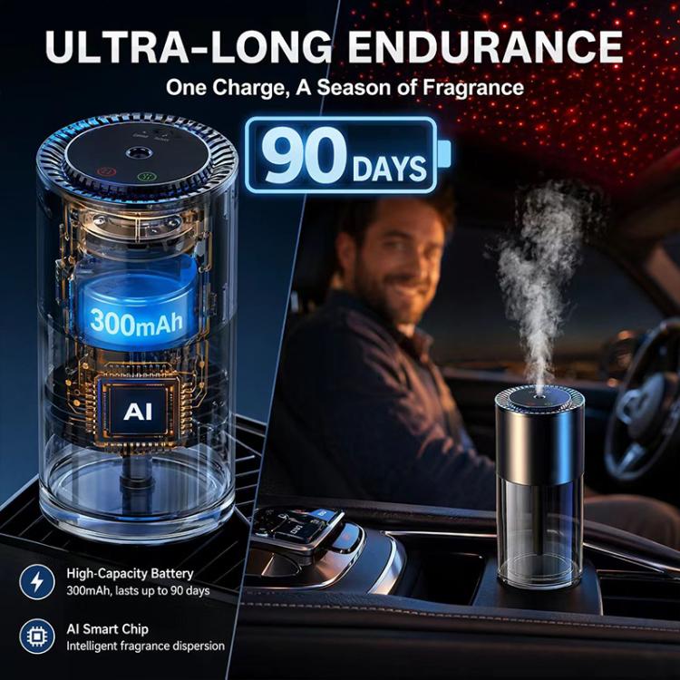 Car aroma diffuser with clear glass reservoir and mist plume from top nozzle