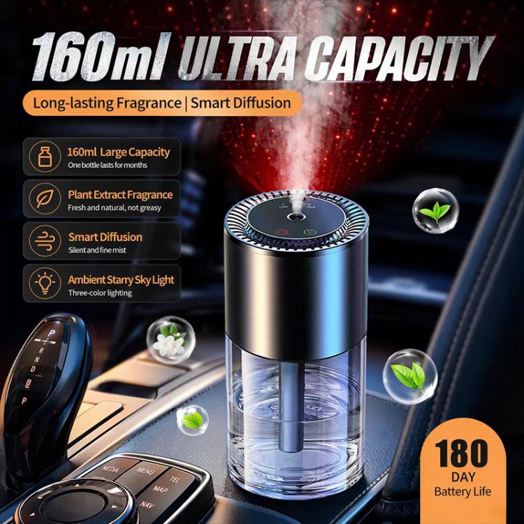 Car aroma diffuser with clear bottom reservoir and ambient starry light effect