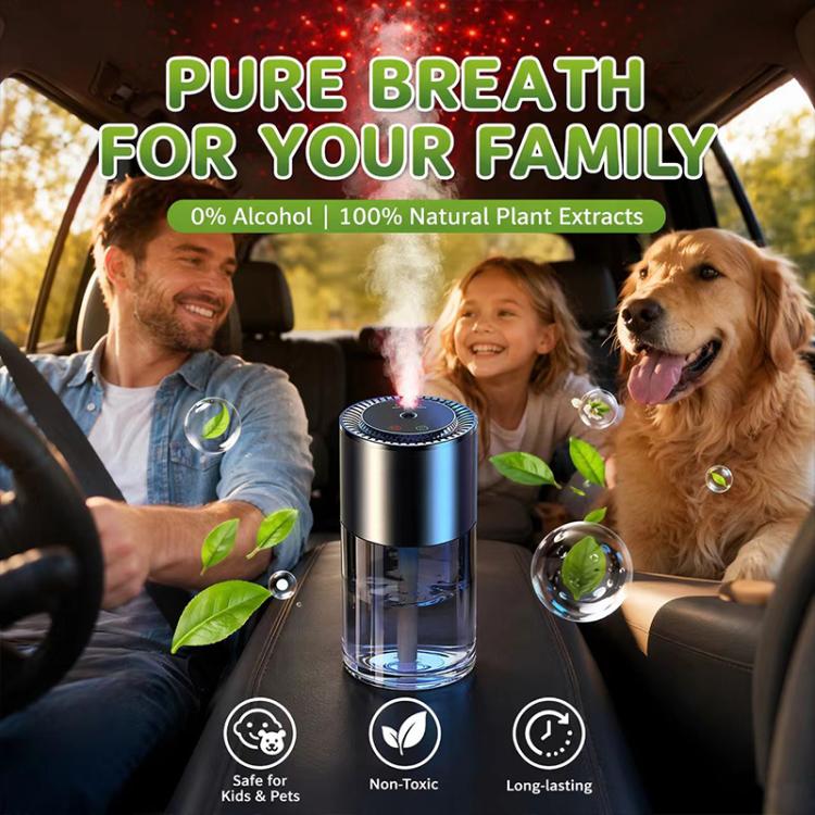 Car aroma diffuser on console with mist plume and floating leaf icons