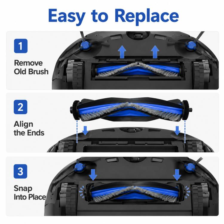 Main roller brush replacement shown being removed and aligned on a vacuum base