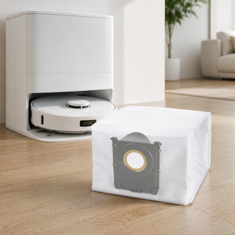White vacuum dust bag with plastic collar and inlet port