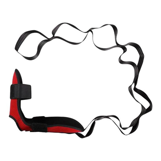 Red and black elastic ankle stretching band with hook-and-loop straps