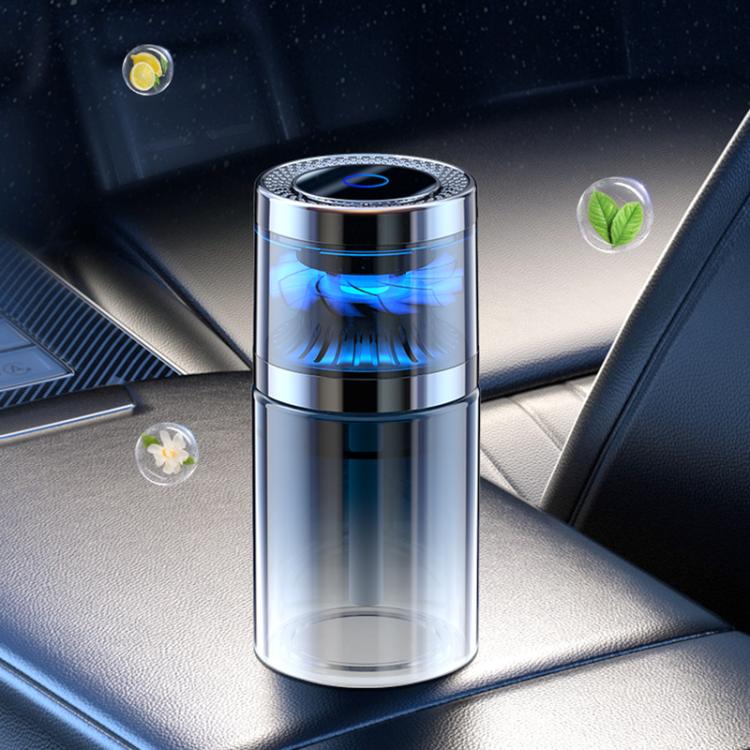 Silver car aroma diffuser with glowing blue turbine vents, cylindrical design