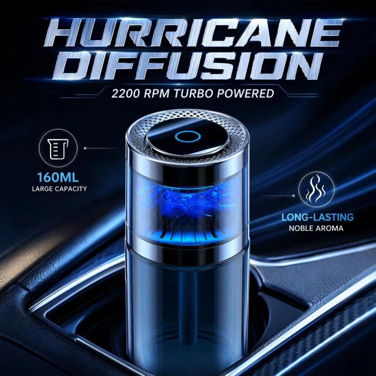 Stainless car aroma diffuser with blue-lit turbine and dark top cover