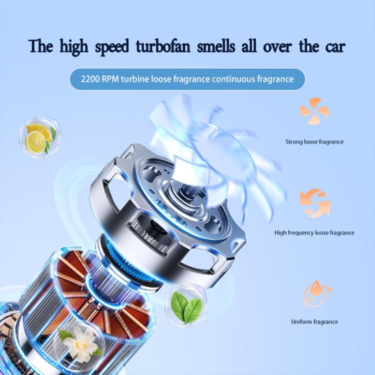 Car aroma diffuser turbine mechanism with blue airflow effect inside, cylindrical body