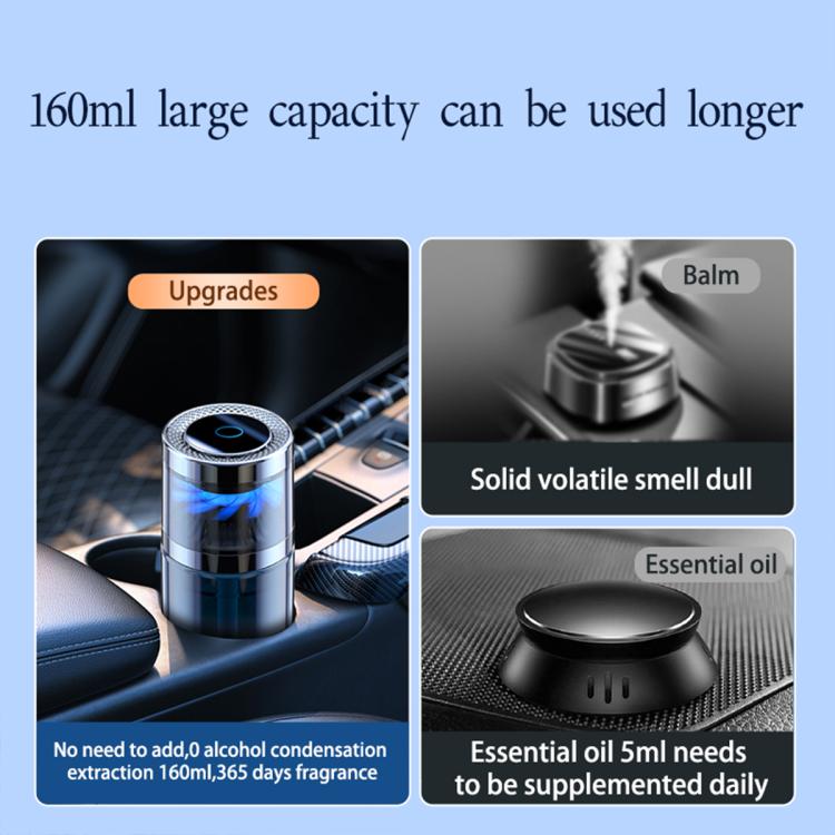 Car aroma diffuser with blue-lit turbine on car seat, stainless cylindrical design