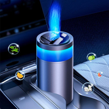 Cylindrical car air freshener diffuser with blue flame light and metal body
