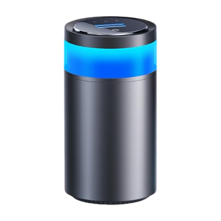 Cylindrical car air freshener diffuser with black top, blue glow band, and silver body