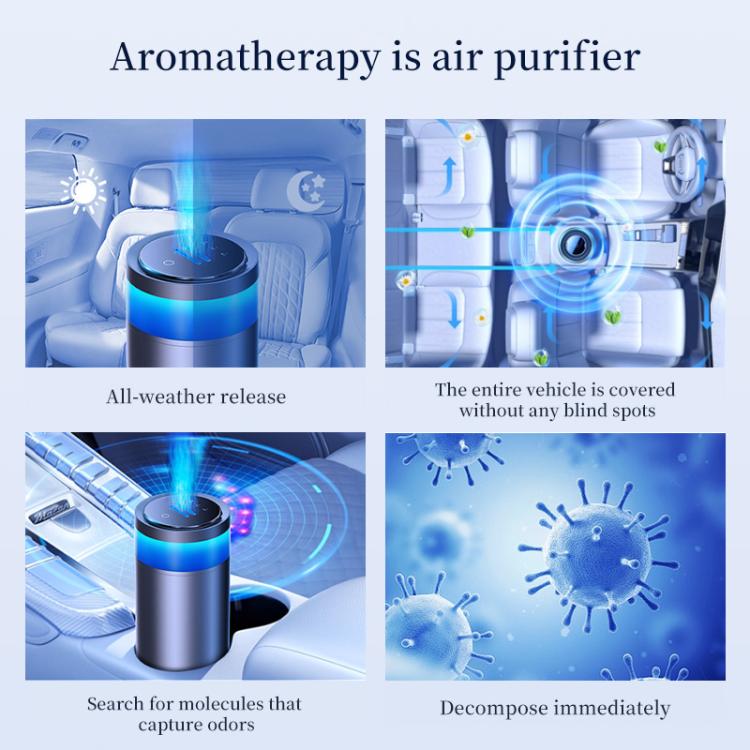 Car air freshener diffuser in vehicle cabin with blue aroma mist
