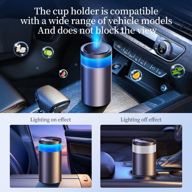 Car air freshener diffuser in cup holder with blue light ring