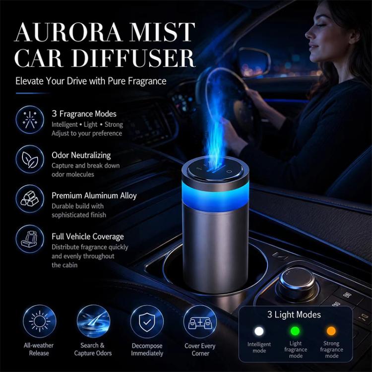 Blue flame-scent car diffuser with glowing cylinder, blue mist, and round control top
