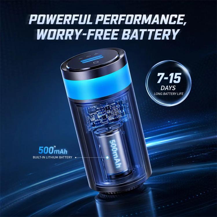 Car diffuser cylinder with blue light band, round control lid, and angled view