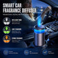 Smart car fragrance diffuser on dashboard with blue mist and round control lid