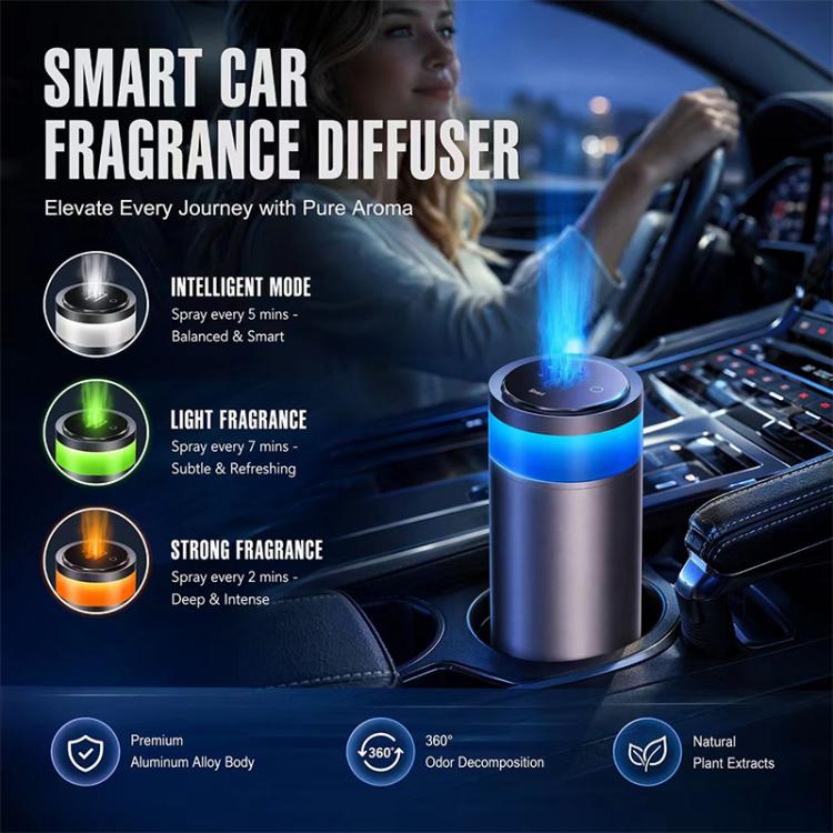 Smart car fragrance diffuser on dashboard with blue mist and round control lid