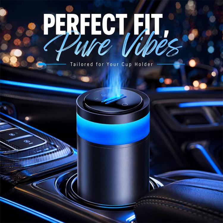 Cup-holder car diffuser cylinder with blue glow band and mist plume