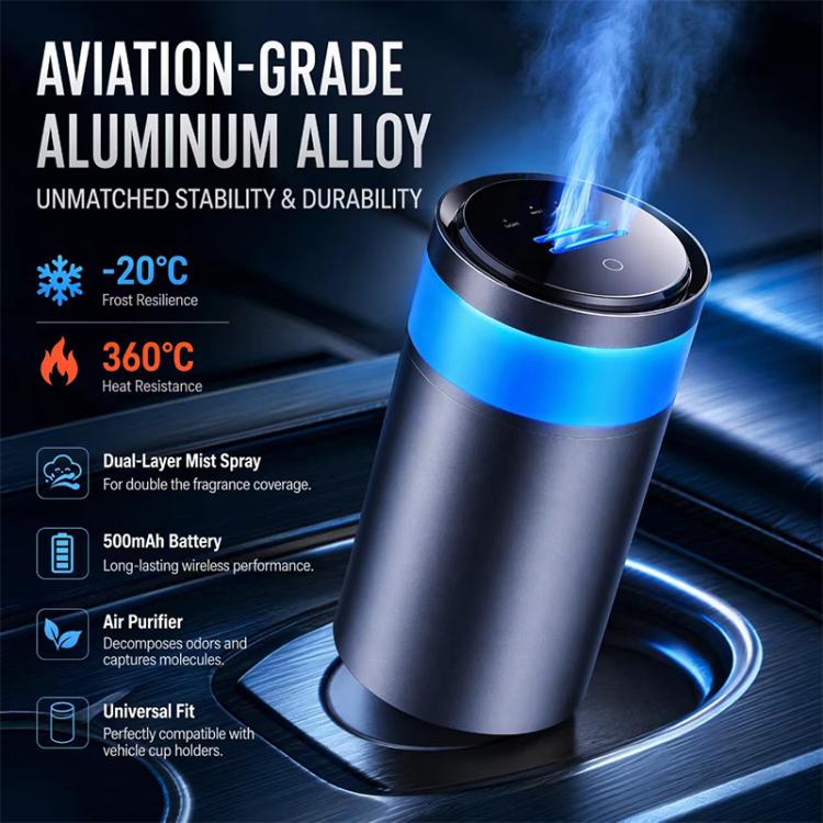 Metal car diffuser with blue mist plume and round control top