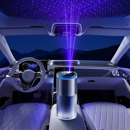 Car aroma diffuser with starry sky projection, brushed silver cylinder and blue top light