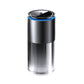 Car aroma diffuser, brushed silver cylinder with black top and blue LED ring